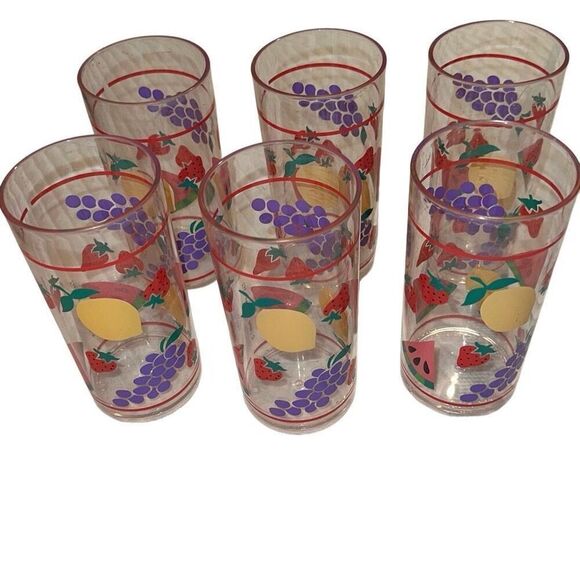 Leahy Designs Multicolor Fruits Tall Plastic Drinking Glasses Set of 6 - Picture 1 of 5